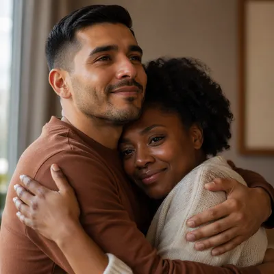Grateful Couple Embracing by Sunlit Window