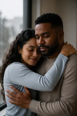 Emotional Couple Embracing by Rainy Window