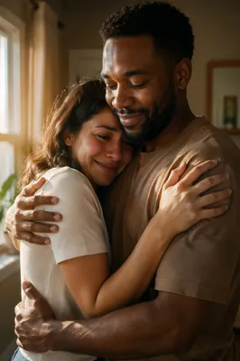 Emotional Couple Embracing by Sunlit Window