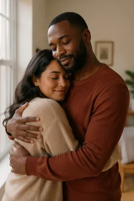 Tender Couple Embracing by Sunlit Window