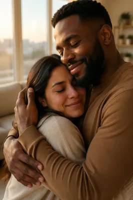 Emotional Couple Embracing by Sunlit Window