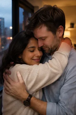 Grateful Couple Embracing by Rainy Window
