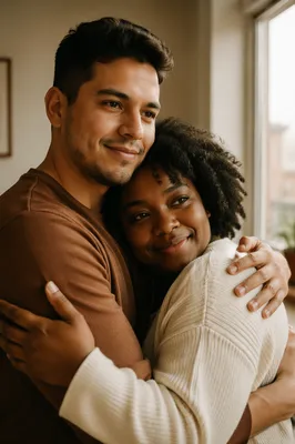 Grateful Couple Embracing by Sunlit Window