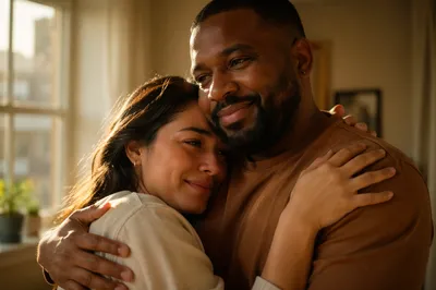 Grateful Couple Embracing by Sunlit Window