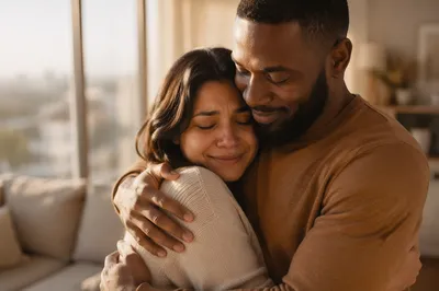 Emotional Couple Embracing by Sunlit Window