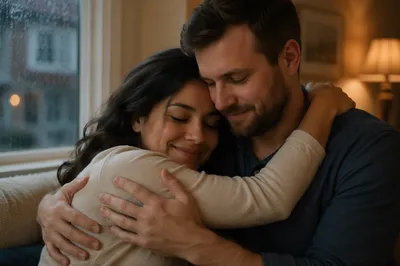 Grateful Couple Embracing by Rainy Window