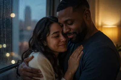 Grateful Couple Embracing by Rainy Window
