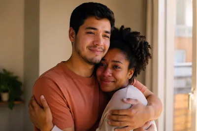 Grateful Couple Embracing by Sunlit Window