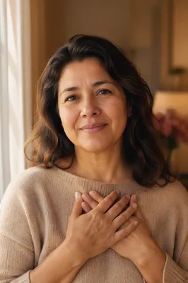 Grateful Woman with Hands Over Heart