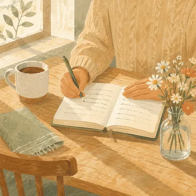 Morning Gratitude Journal Writing at Breakfast Table