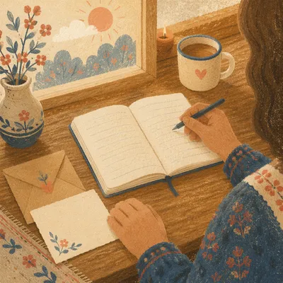 Thankful Morning Journal Writing at Wooden Table