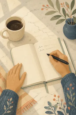 Morning Gratitude Journal with Coffee and Hands