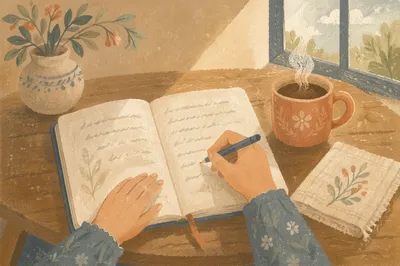 Morning Gratitude Journal Writing at Kitchen Table