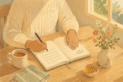Morning Gratitude Journal Writing at Breakfast Table