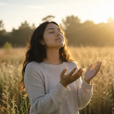 Woman Holding Open Hands in Sunrise