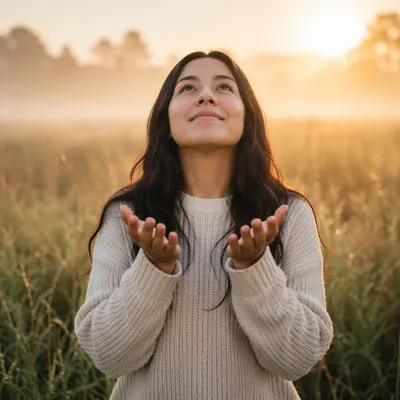 Young Woman Cupping Hands at Sunrise