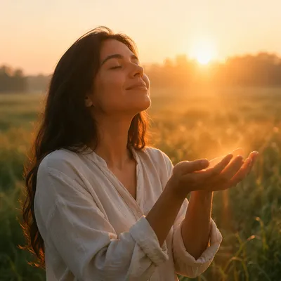 Young Woman Receiving Sunrise Light