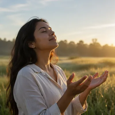 Woman Receiving Sunlight in Meadow Sunrise