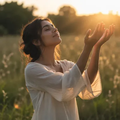 Woman Raising Hands in Golden Meadow