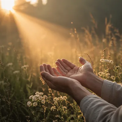 Open Hands Receiving Golden Sunrise Light