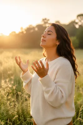 Woman in Meadow Receiving Sunrise Light
