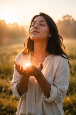 Woman Holding Open Hands in Sunrise