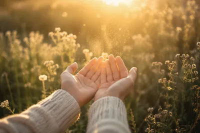 Open Hands Receiving Morning Sunlight