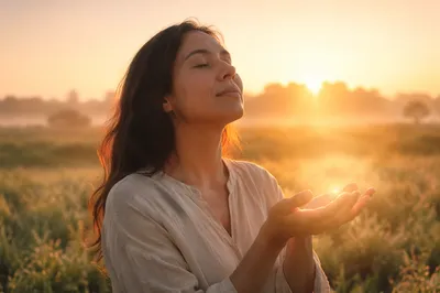 Woman Receiving Sunlight in Meadow at Sunrise