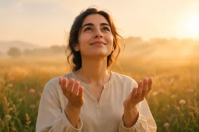 Woman in Meadow Receiving Morning Sunlight