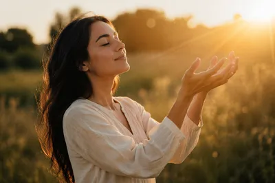 Woman Raising Hands in Golden Meadow