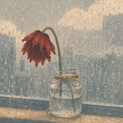 Wilting Red Flower in Rainy Window