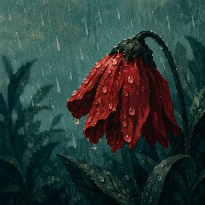 Wilting Red Flower in Gentle Rain