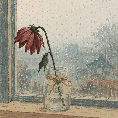Wilting Red Flower in Rainy Window