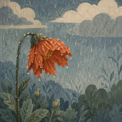 Wilting Orange Wildflower Under Rain