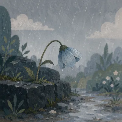 Wilting Blue Flower in Mourning Rain