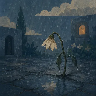Wilting Flower in Rainy Courtyard