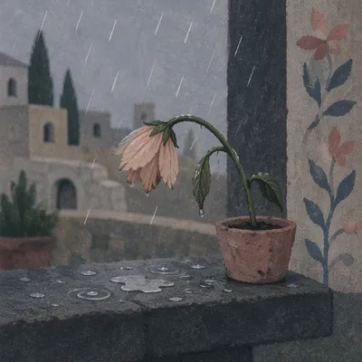 Wilting Pink Flower in Mourning Rain