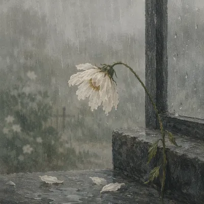 Wilting White Flower in Rainy Silence