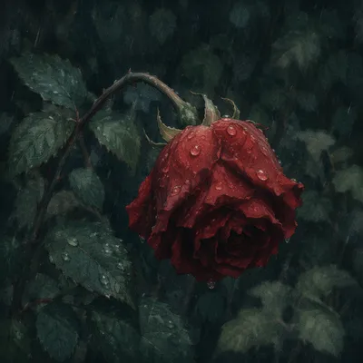 Wilting Red Rose in Gentle Rain