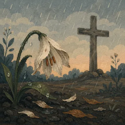 Wilting Lily in Rain Beside Cross