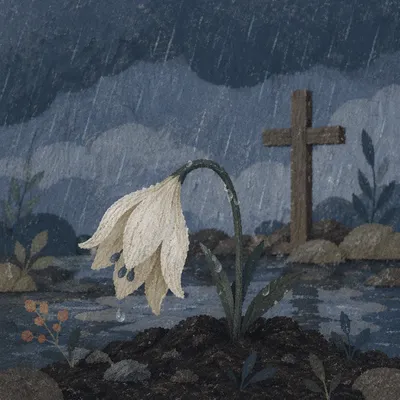 Wilting Lily in Rain Beside Wooden Cross