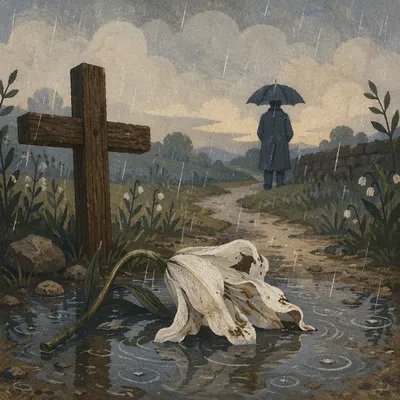 Wilting Lily in Rain Beside Wooden Cross