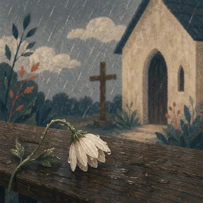 Wilting White Flower in Chapel Rain