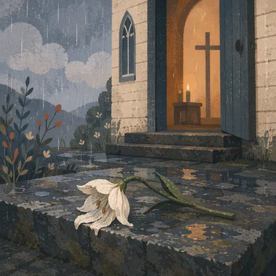 Wilting White Flower in Chapel Rain
