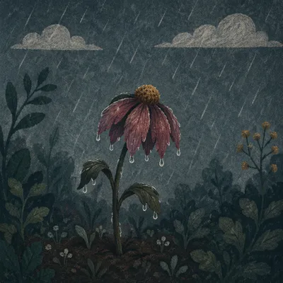 Wilting Flower in Rainy Garden Solitude