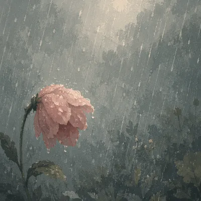 Wilting Rose Flower in Gentle Rain