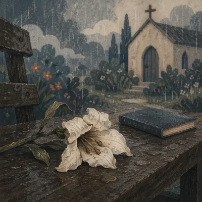 Wilting White Flower in Chapel Rain