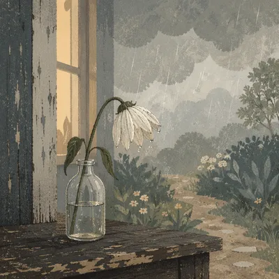 Wilting White Flower on Rainy Porch
