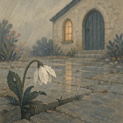 Wilting White Flower in Chapel Rain