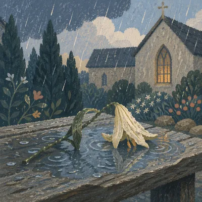 Wilting Lily in Rainy Chapel Garden